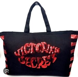 Victoria's Secret Black Tote with Red Sequin Logo and Striped Accents
